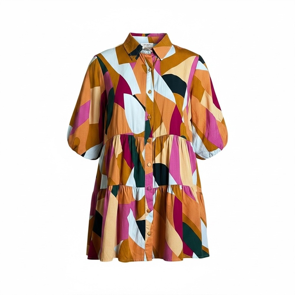 Umgee Abstract Geometric Tiered Babydoll Tunic Top Multicolor Artsy Dopamine S